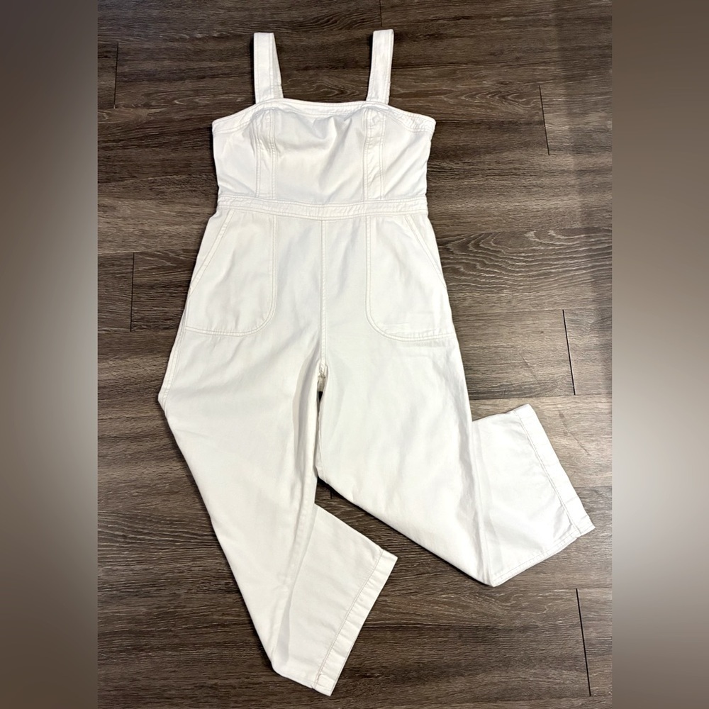 *Final Price* Japna | White Denim Cropped Jumpsuit w/ Smocked Back Size Large